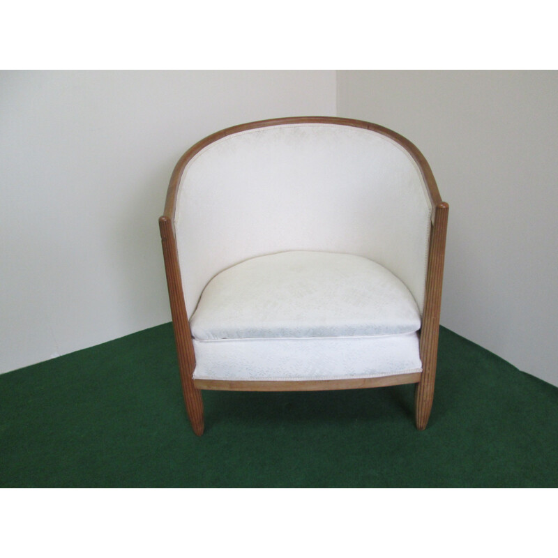 French vintage armchair in beechwood and white fabric 1950