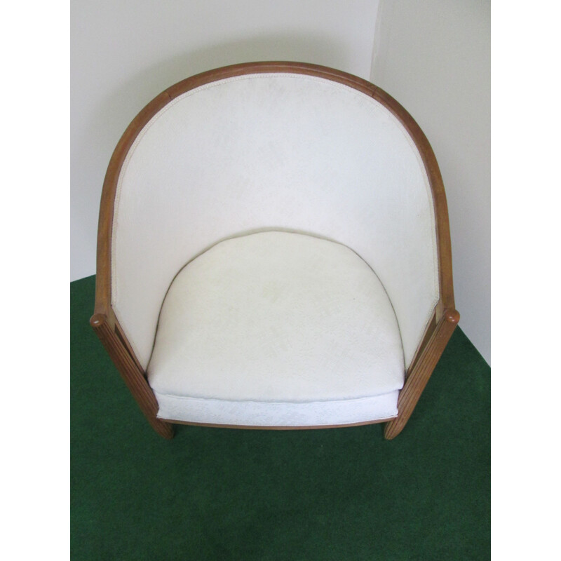 Fauteuil vintage français en hêtre et tissu blanc 1950