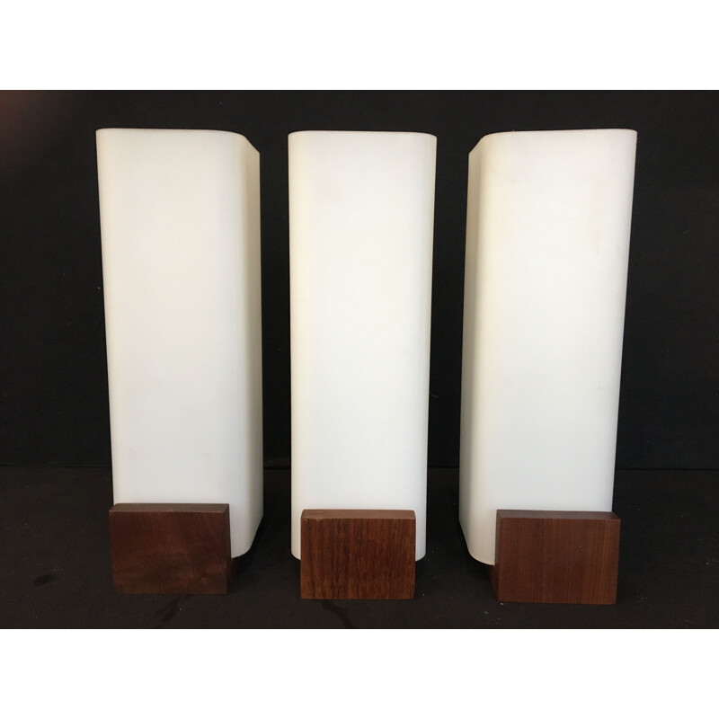 Set of 3 vintage sconces for Philips in teak and opaline