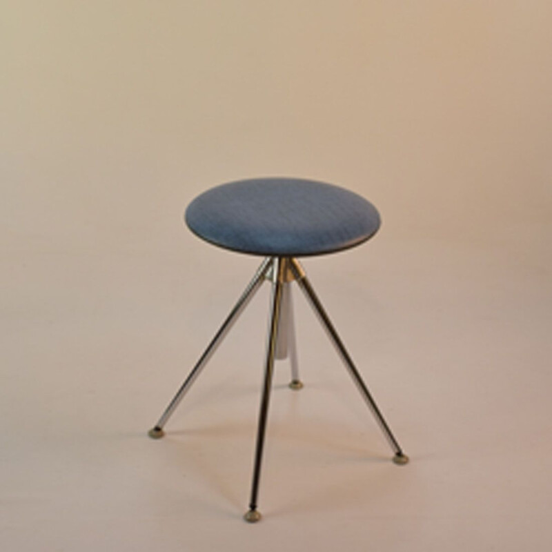 Tabouret vintage rotatif allemand en skaï bleu et acier 1960