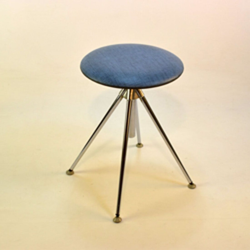 Vintage german rotary stool in blue leatherette and steel 1960