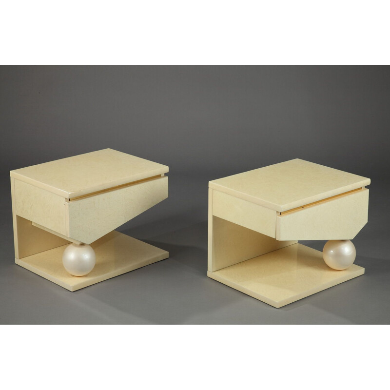 Pair of vintage beige tables by Mahey and Maville in wood and brass