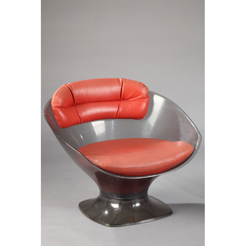 Vintage armchairs in plexiglas and red leather, Raphaël 1960