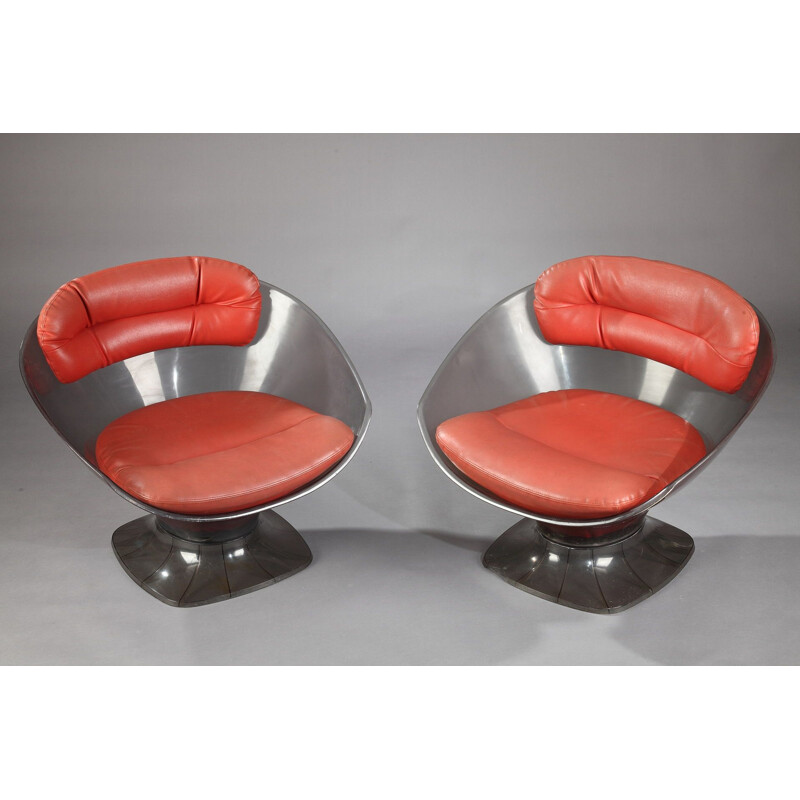 Vintage armchairs in plexiglas and red leather, Raphaël 1960