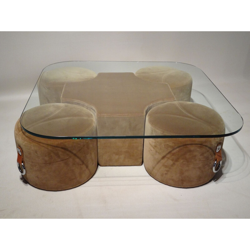 Table basse en verre avec 4 poufs intégrés - 1970