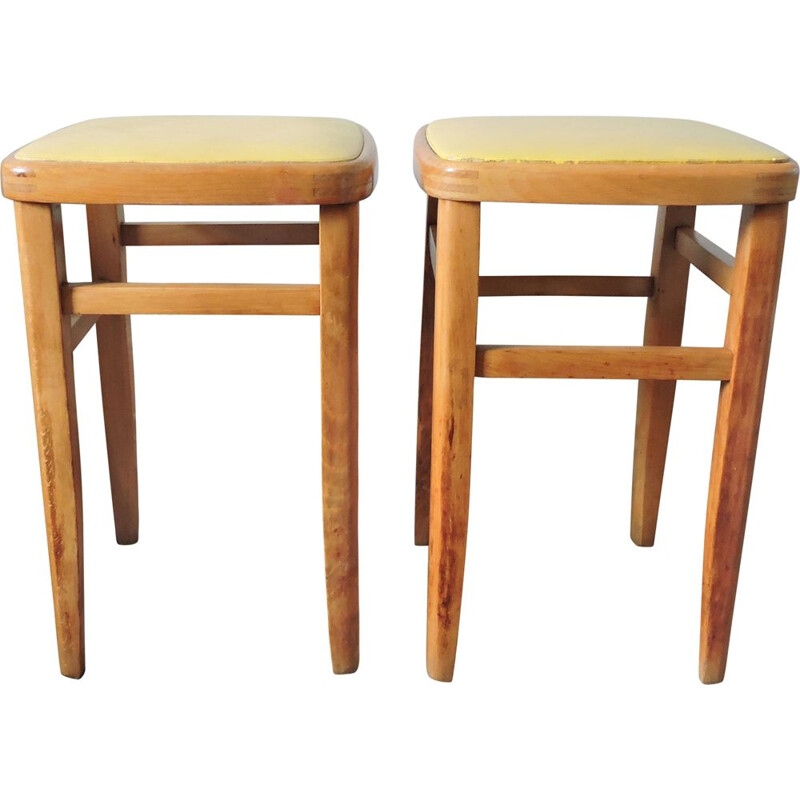 Set of 2 vintage beech and yellow leather stools 1960s