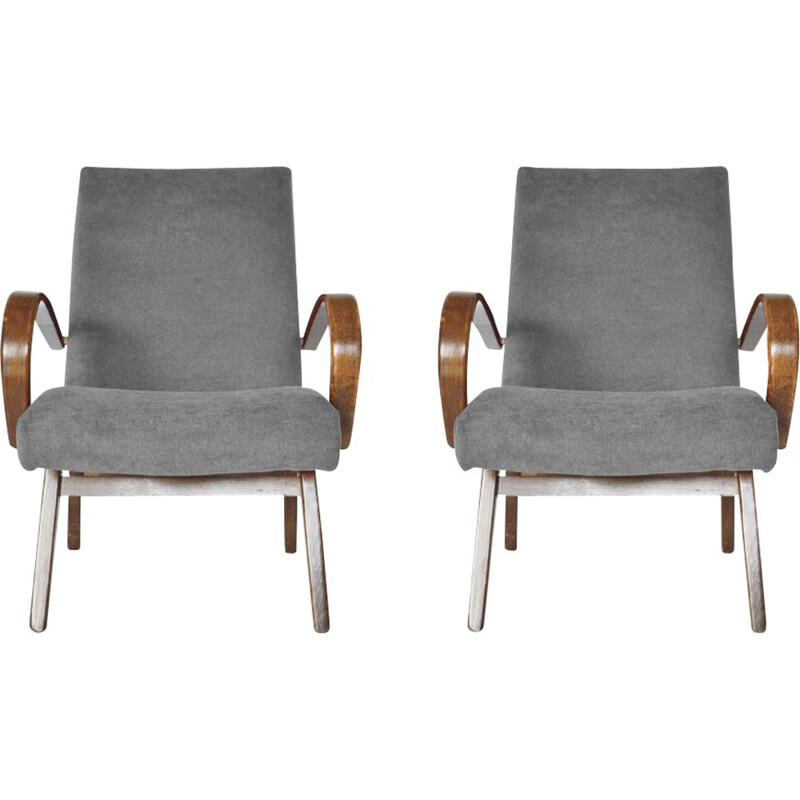 Ensemble de 2 fauteuils vintage modèle 53 pour TON en hêtre et velours gris 1960