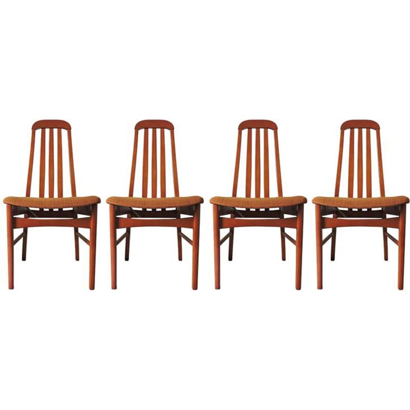 Set of 4 vintage chairs in wood and brown-orange fabric 1970