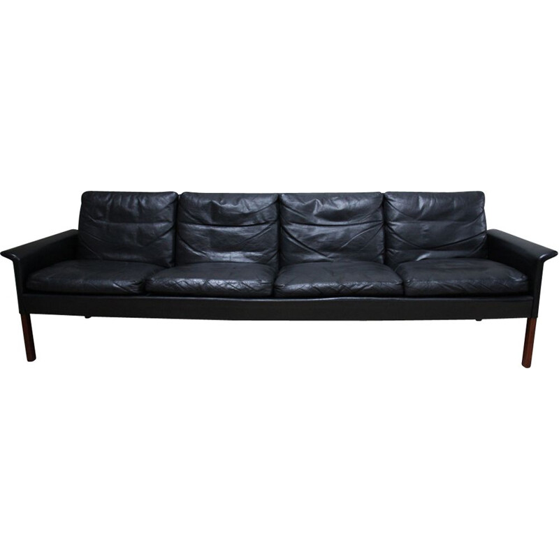 Vintage 4-seater sofa in black leather by Hans Olsen
