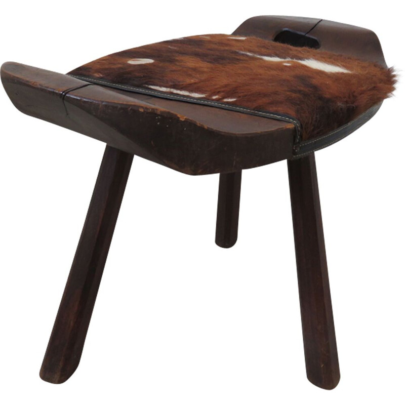 Vintage tripod stool in solid wood and cowhide 1960s