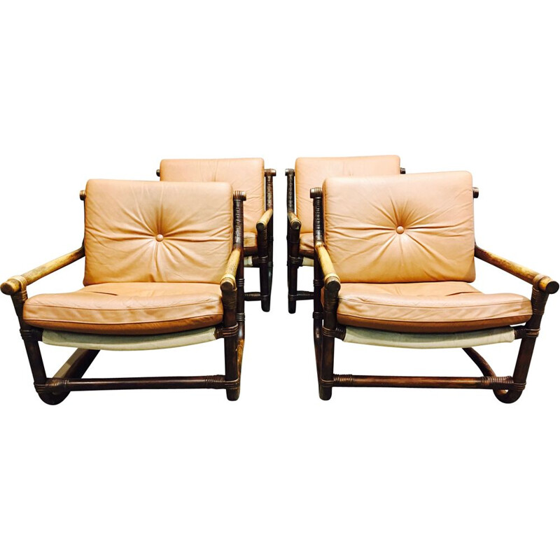 Set of 4 vintage brown armchairs in rattan and leather