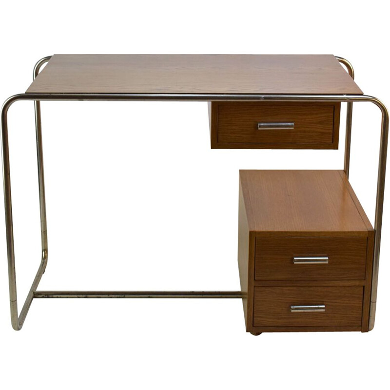 Vintage desk in oak and chromed steel by Thonet