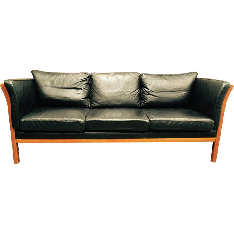 Vintage scandinavian sofa in black leather and wood 1980