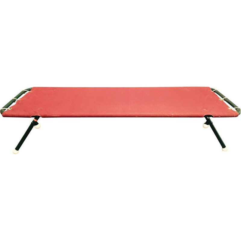 Set of 10 vintage folding beds in metal and red fabric 1950