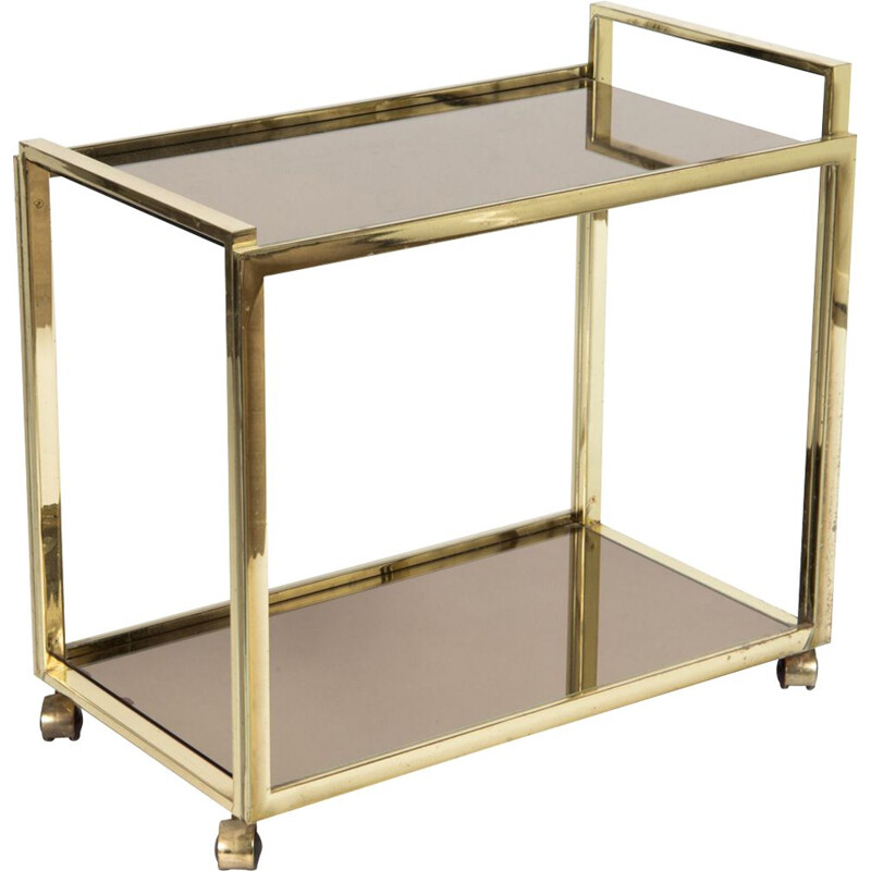 Vintage two-tiered trolley in gold-plating and glass 1980