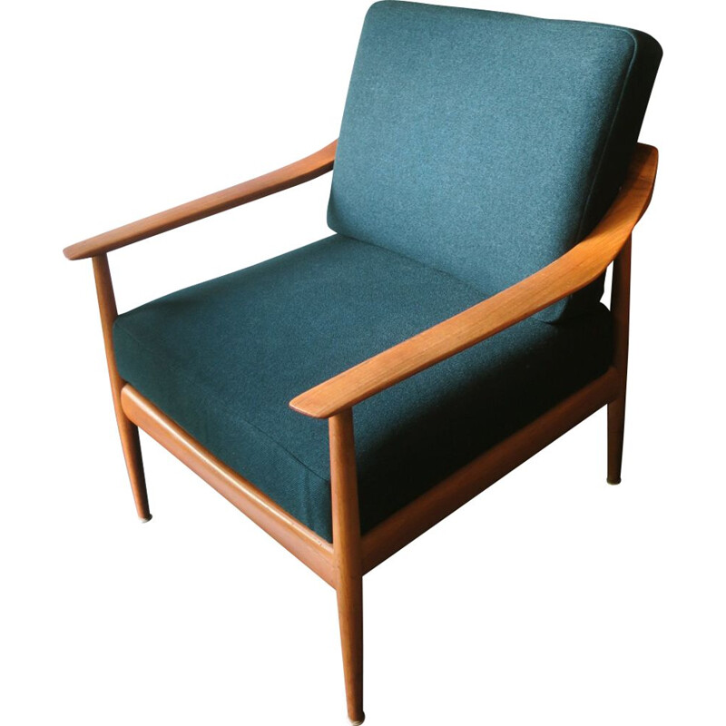 Vintage teak armchair in sea green fabric 1960