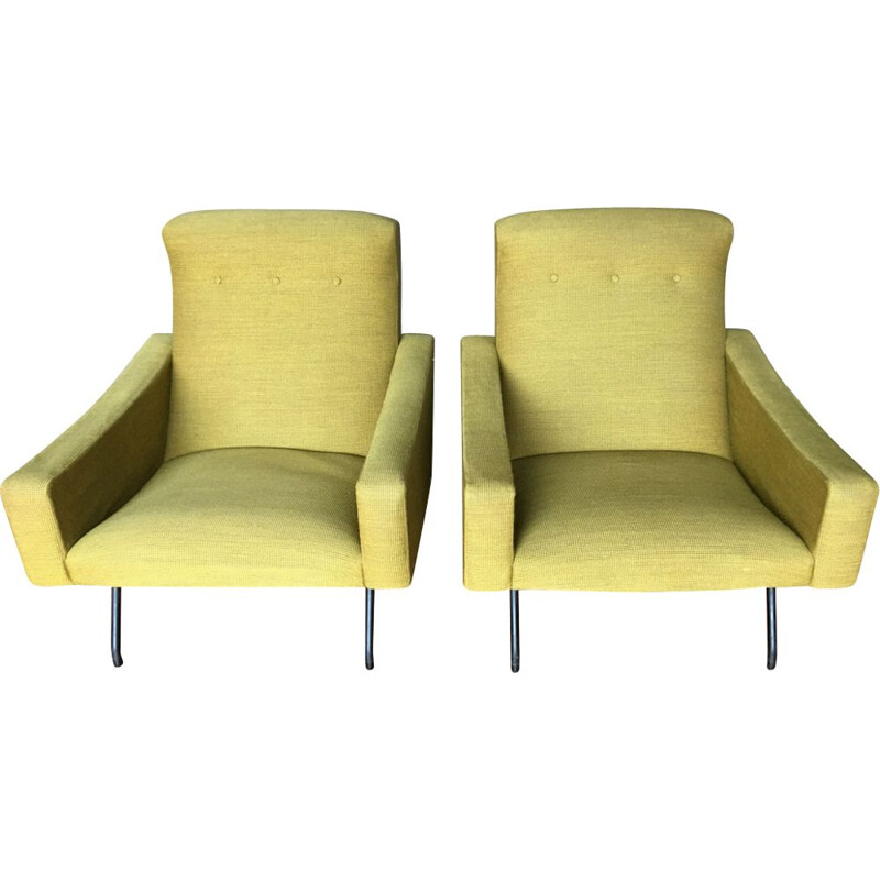 Pair of vintage armchairs for Steiner in yellow fabric and metal