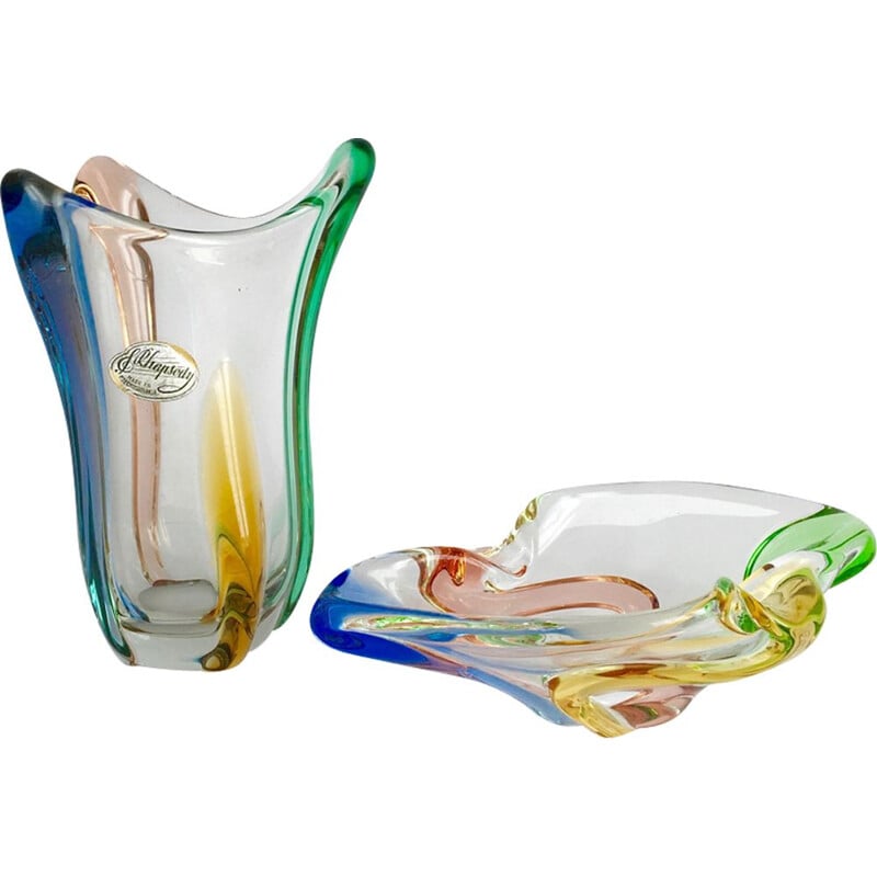 Set of vintage Rhapsody glass vase and bowl by František Zemek 1950