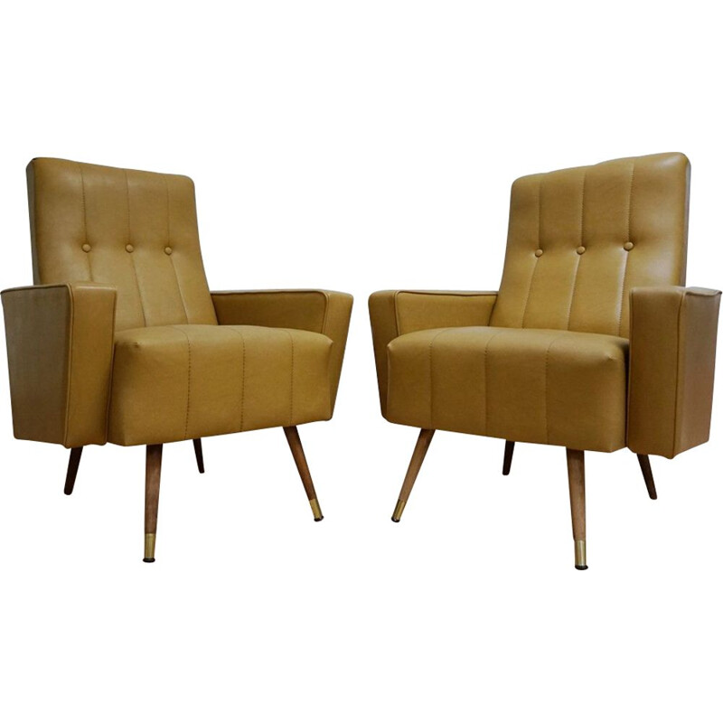 Set of 2 vintage italian club armchairs in yellow leatherette 1960