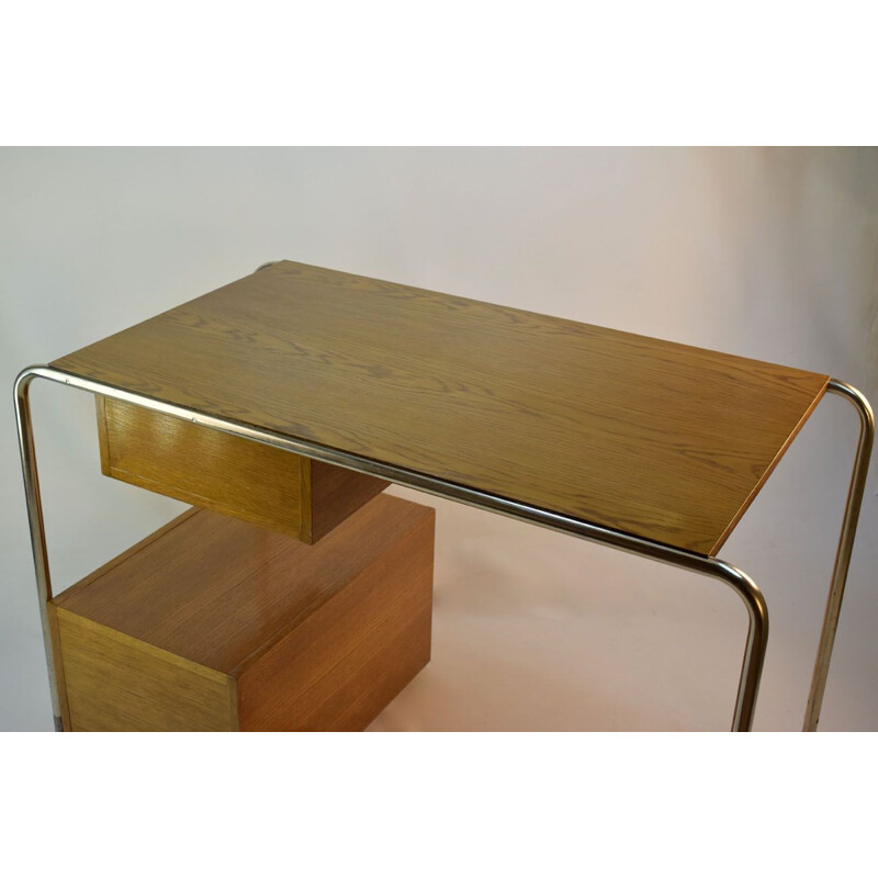 Vintage desk in oak and chromed steel by Thonet