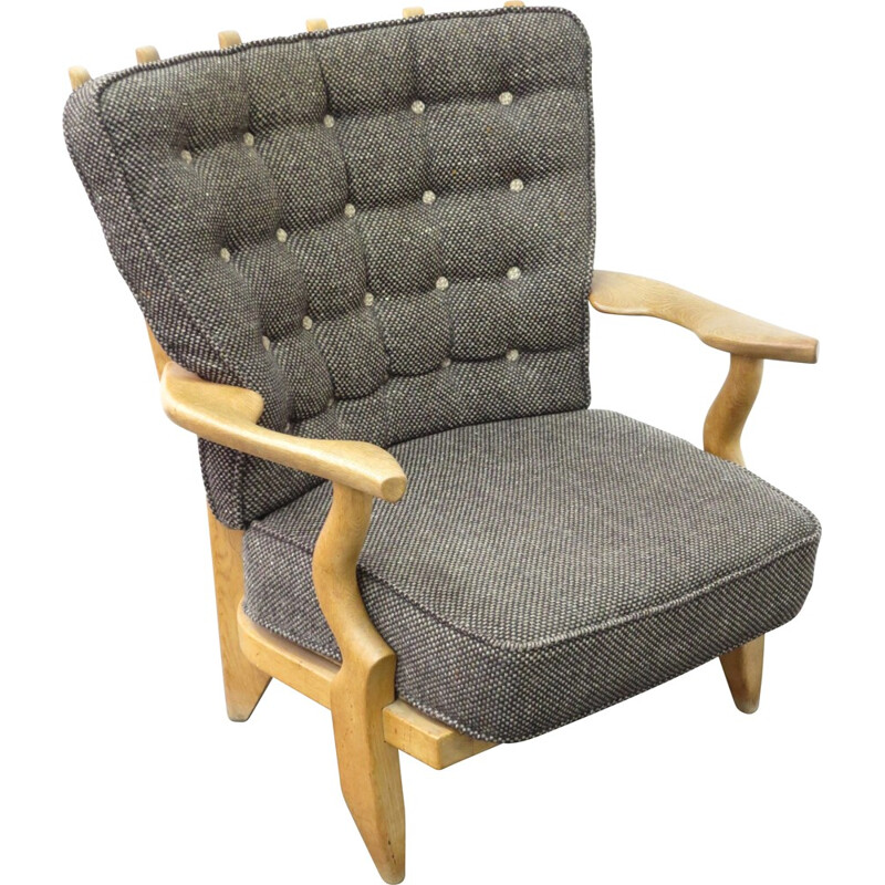 Vintage armchair in solid oakwood and grey fabric, Robert GUILLERME & Jacques CHAMBRON - 1960s