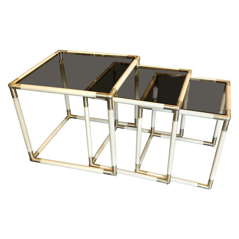 Set of  3 vintage brass and smoked glass nesting side tables by Tommaso Barbi