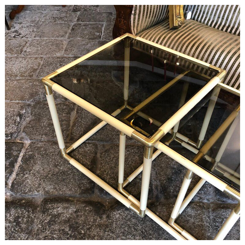 Set of  3 vintage brass and smoked glass nesting side tables by Tommaso Barbi