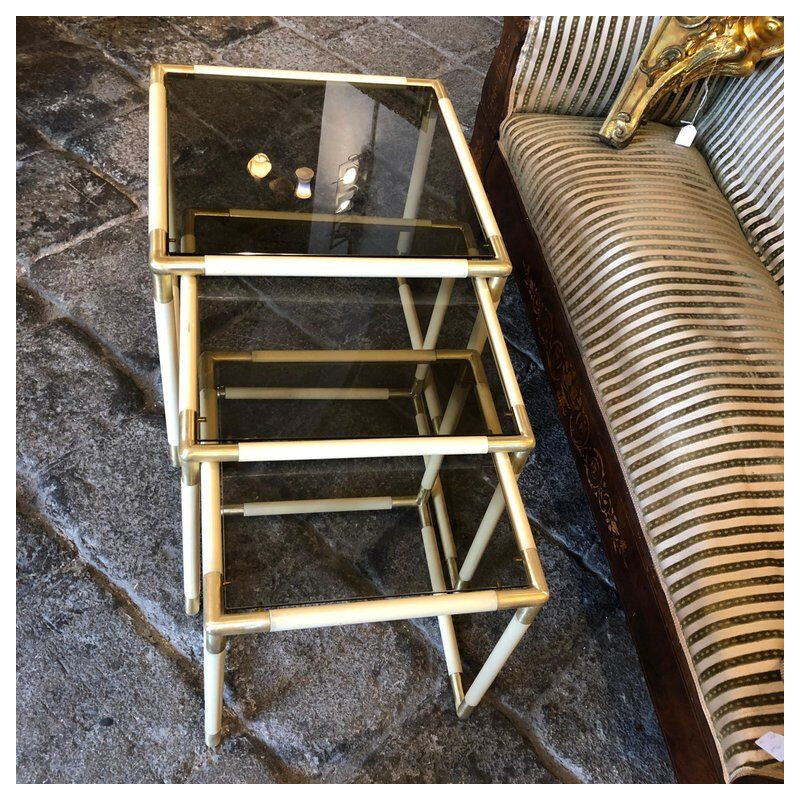 Set of  3 vintage brass and smoked glass nesting side tables by Tommaso Barbi