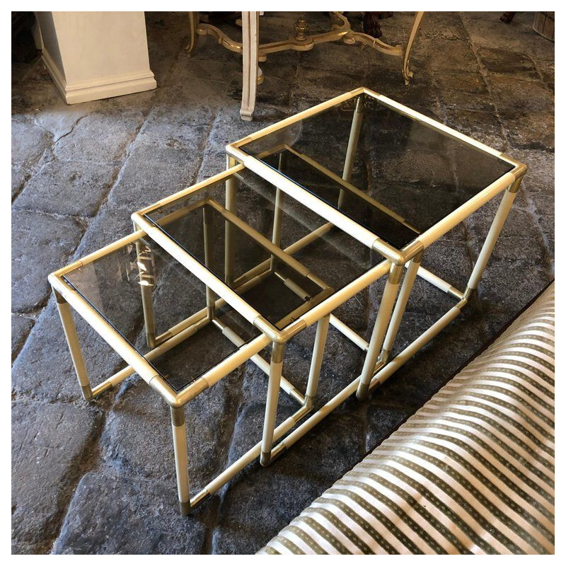 Set of  3 vintage brass and smoked glass nesting side tables by Tommaso Barbi