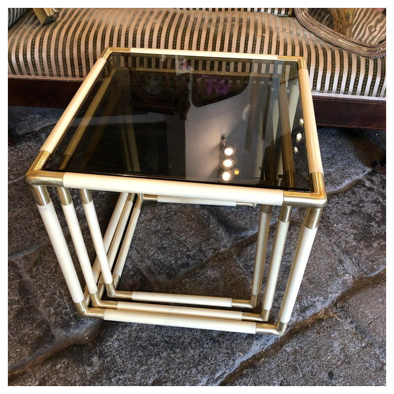 Set of  3 vintage brass and smoked glass nesting side tables by Tommaso Barbi