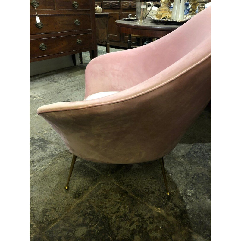 Sillón vintage de terciopelo rosa y latón, Italia