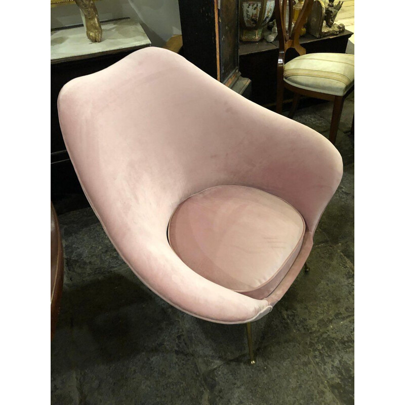 Vintage fauteuil in roze fluweel en messing, Italië