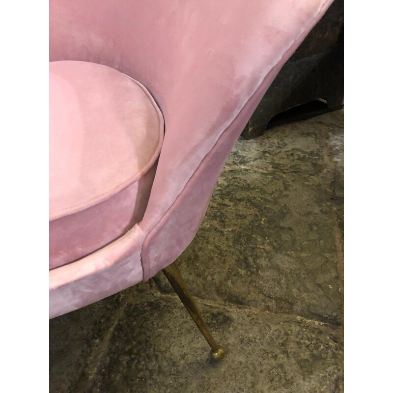 Sillón vintage de terciopelo rosa y latón, Italia