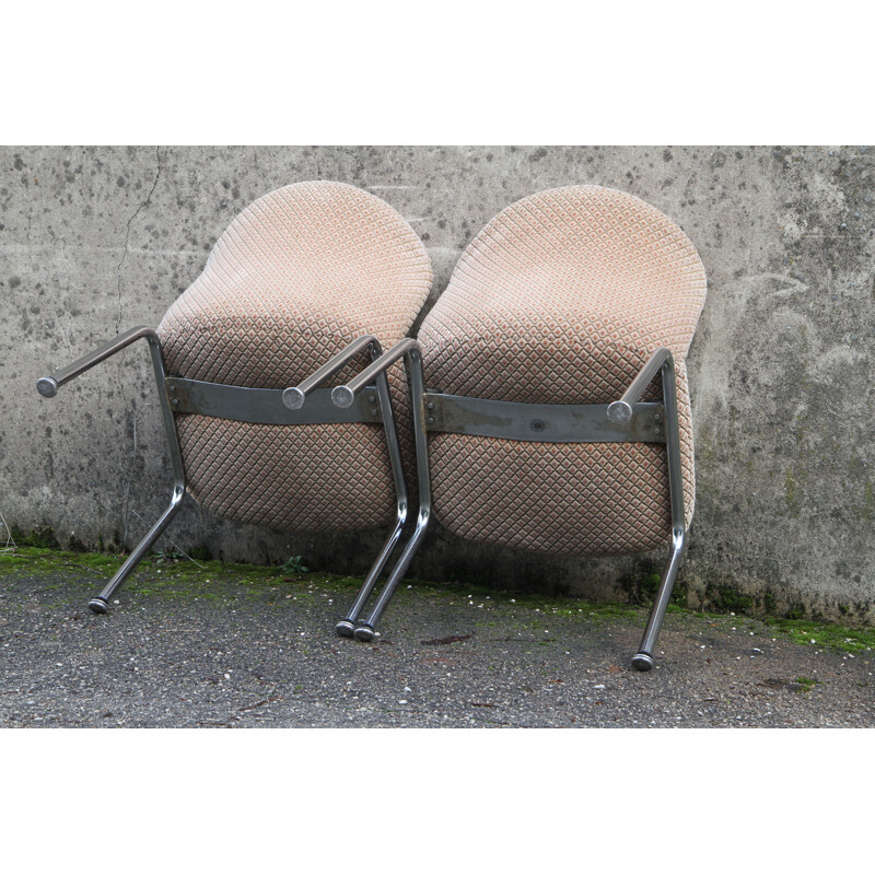 Pair of beige velvet low chairs for Mobilier International