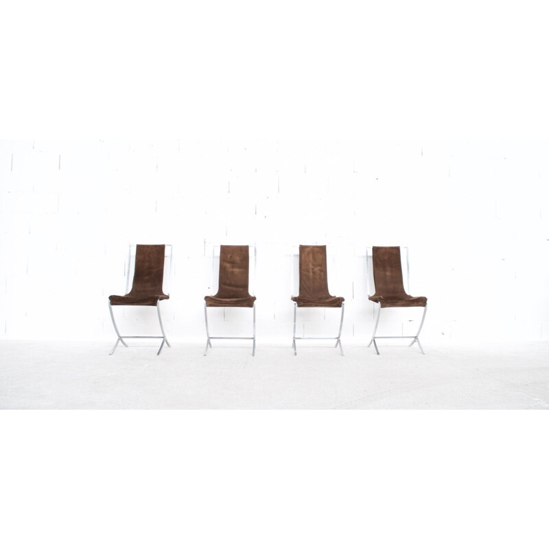 Set of 4 vintage chairs in nubuck and steel by Pierre Cardin for Maison Jansen, 1970