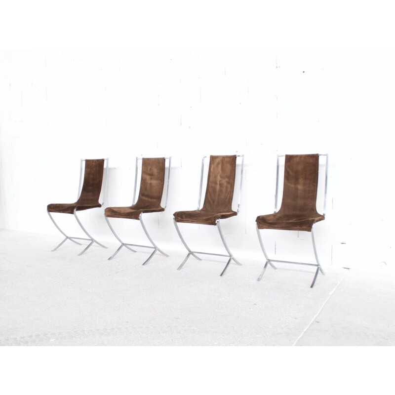 Set of 4 vintage chairs in nubuck and steel by Pierre Cardin for Maison Jansen, 1970