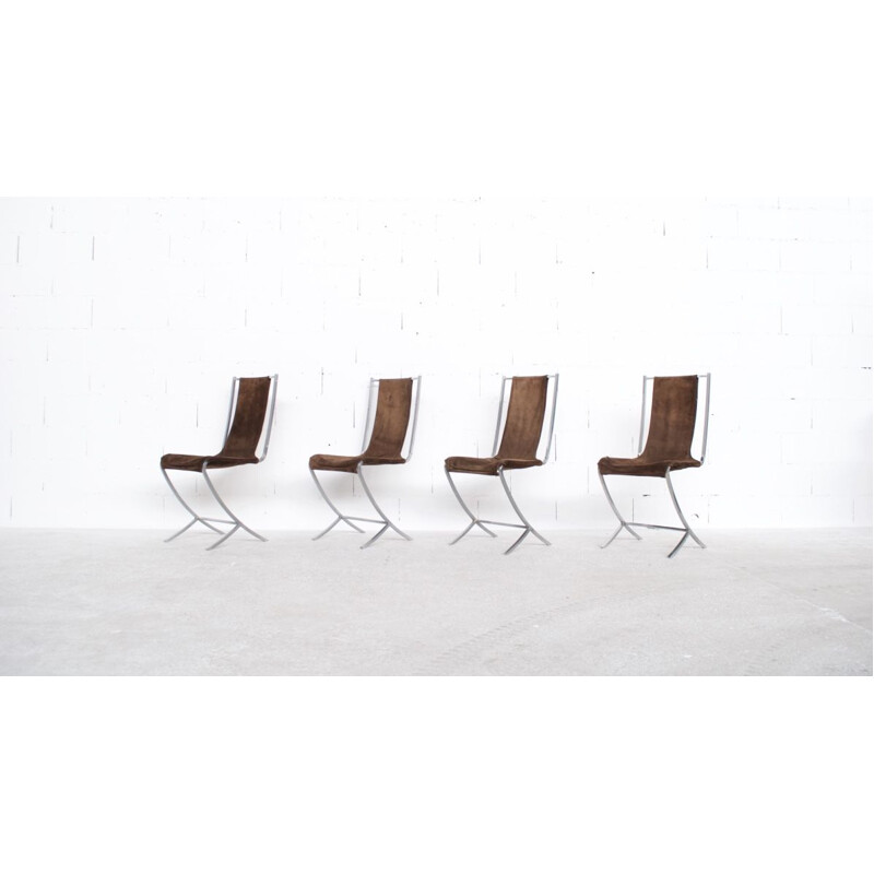 Set di 4 sedie vintage in nabuk e acciaio di Pierre Cardin per Maison Jansen, 1970