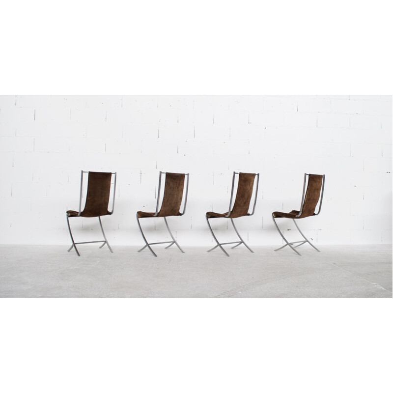 Lot de 4 chaises vintage en nubuck et acier par Pierre Cardin pour Maison Jansen, 1970