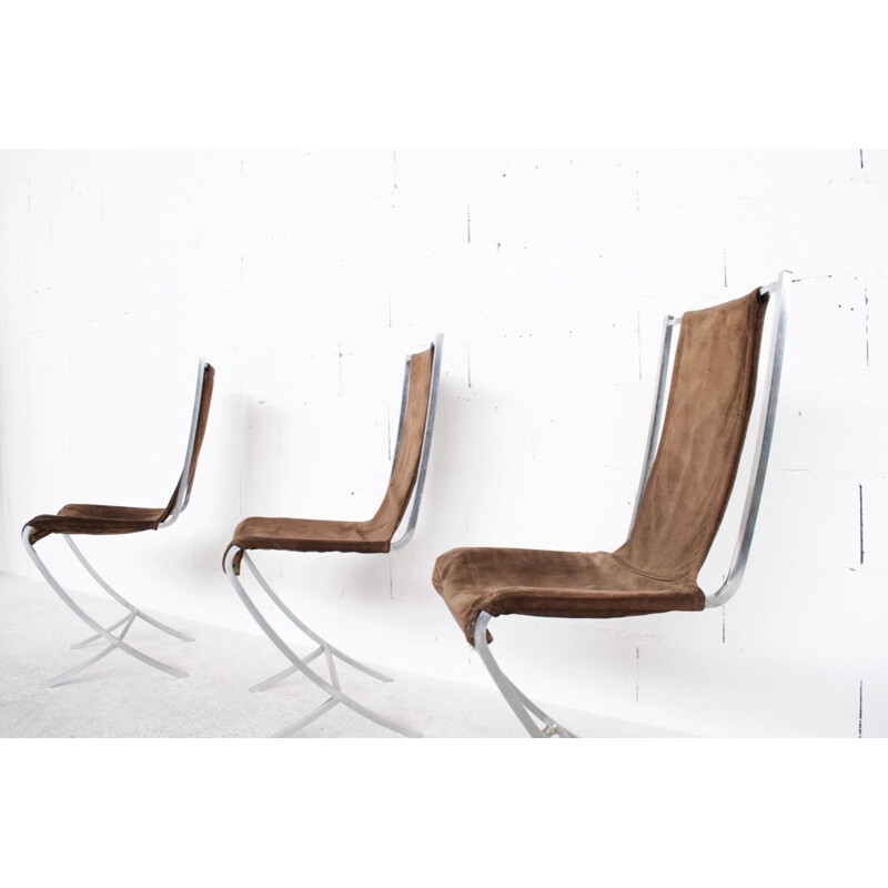 Lot de 4 chaises vintage en nubuck et acier par Pierre Cardin pour Maison Jansen, 1970