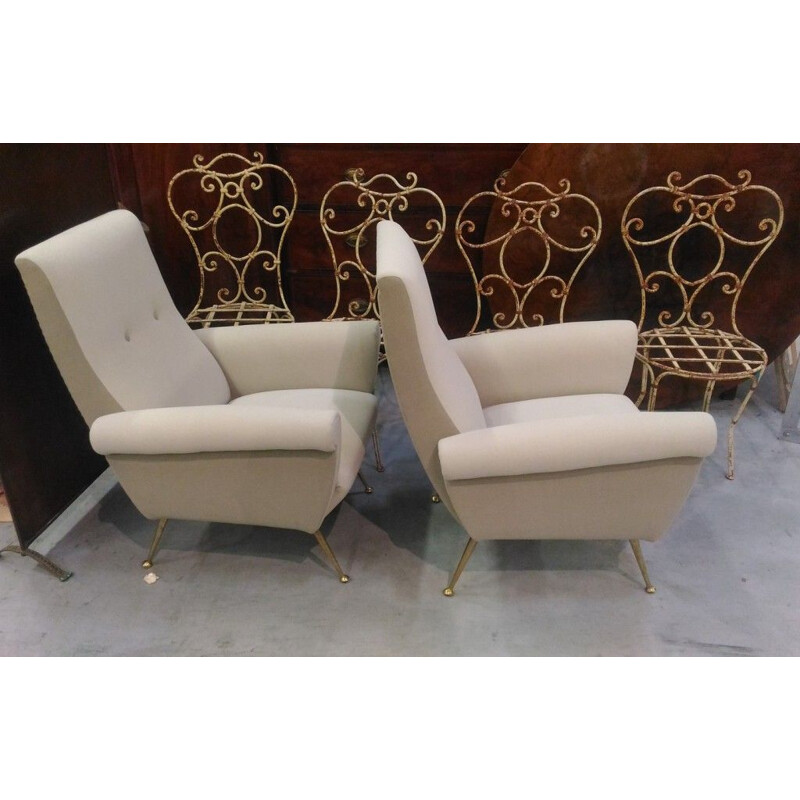 Paire de fauteuils italiens beiges en tissu