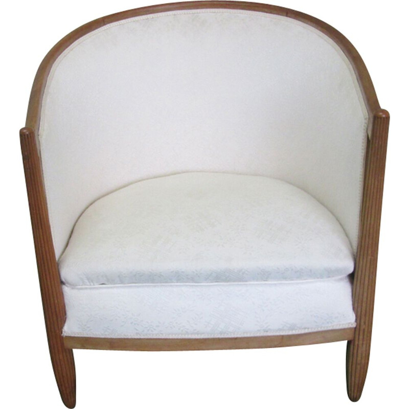 French vintage armchair in beechwood and white fabric 1950