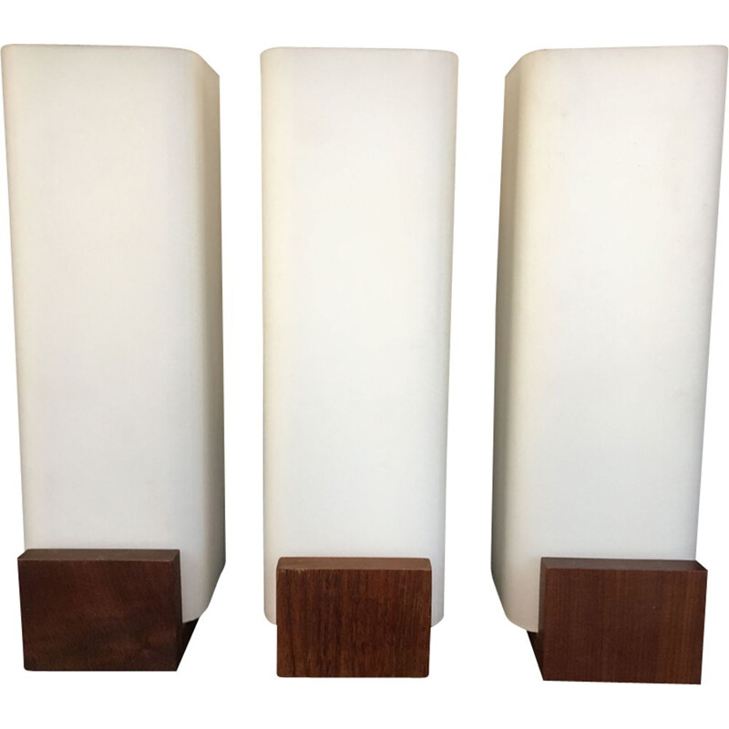 Set of 3 vintage sconces for Philips in teak and opaline