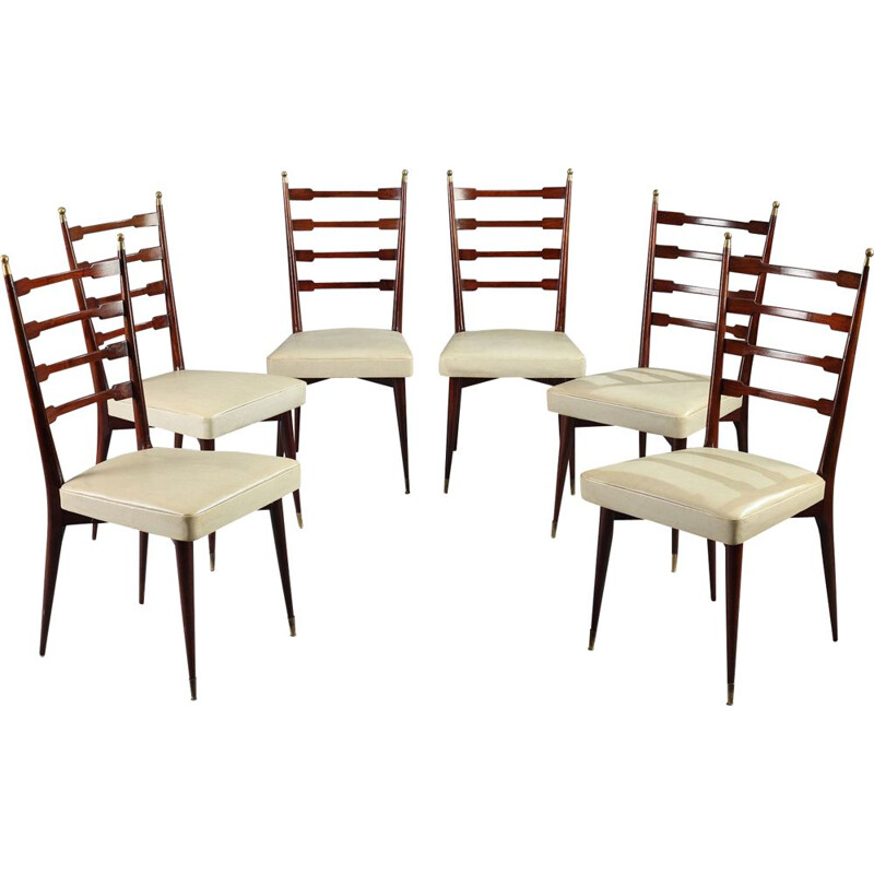 Ensemble vintage italien de 6 chaises et table en chêne et acajou 1960