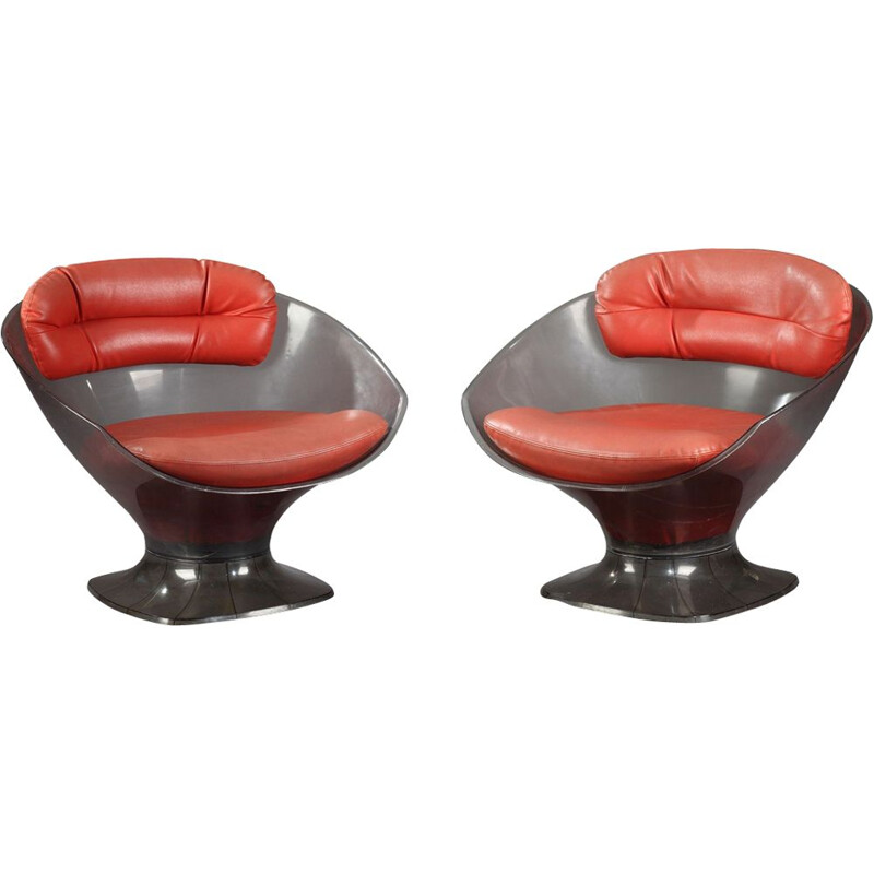 Vintage armchairs in plexiglas and red leather, Raphaël 1960