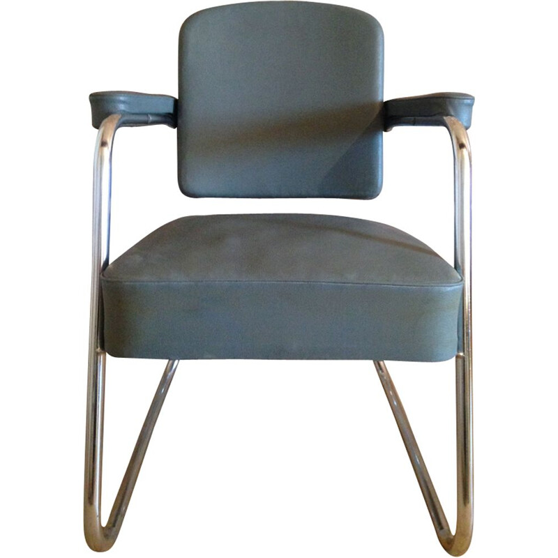 Fauteuil vintage industriel gris en skai et chrome 1970