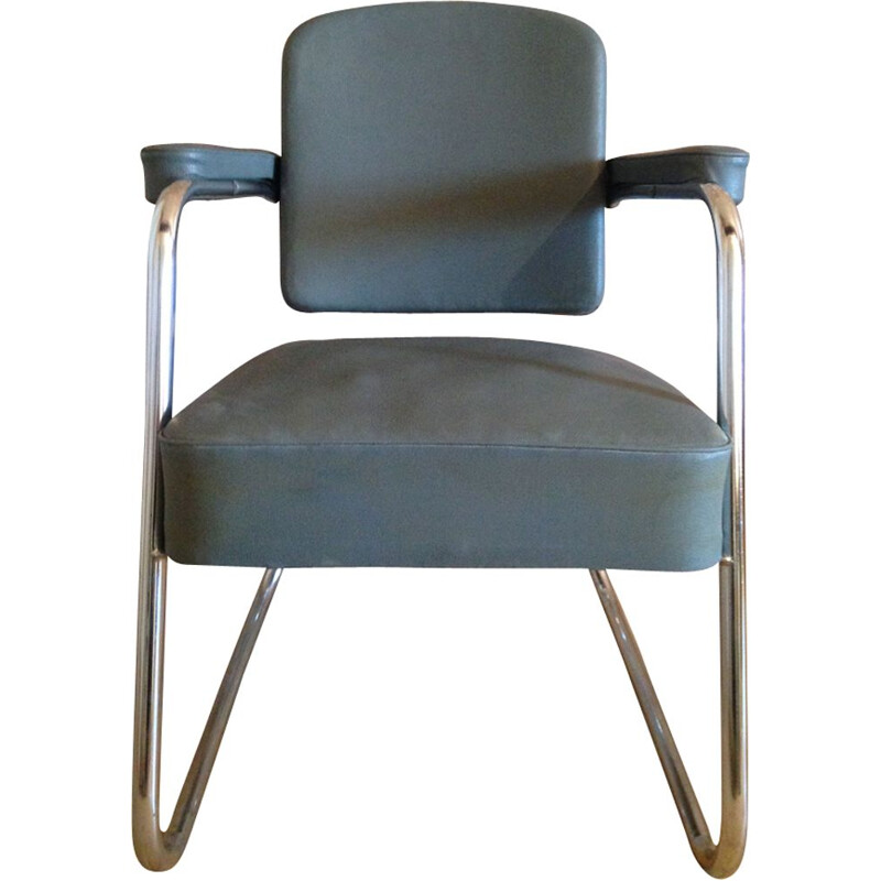 Vintage industrial gray armchair in leatherette and chrome 1970