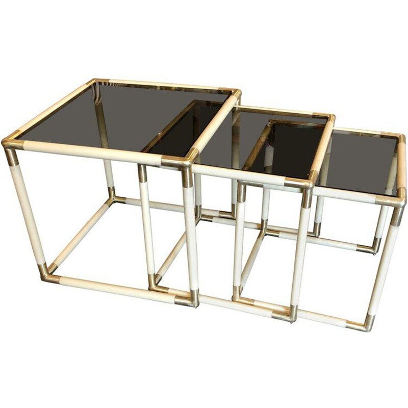 Set of  3 vintage brass and smoked glass nesting side tables by Tommaso Barbi