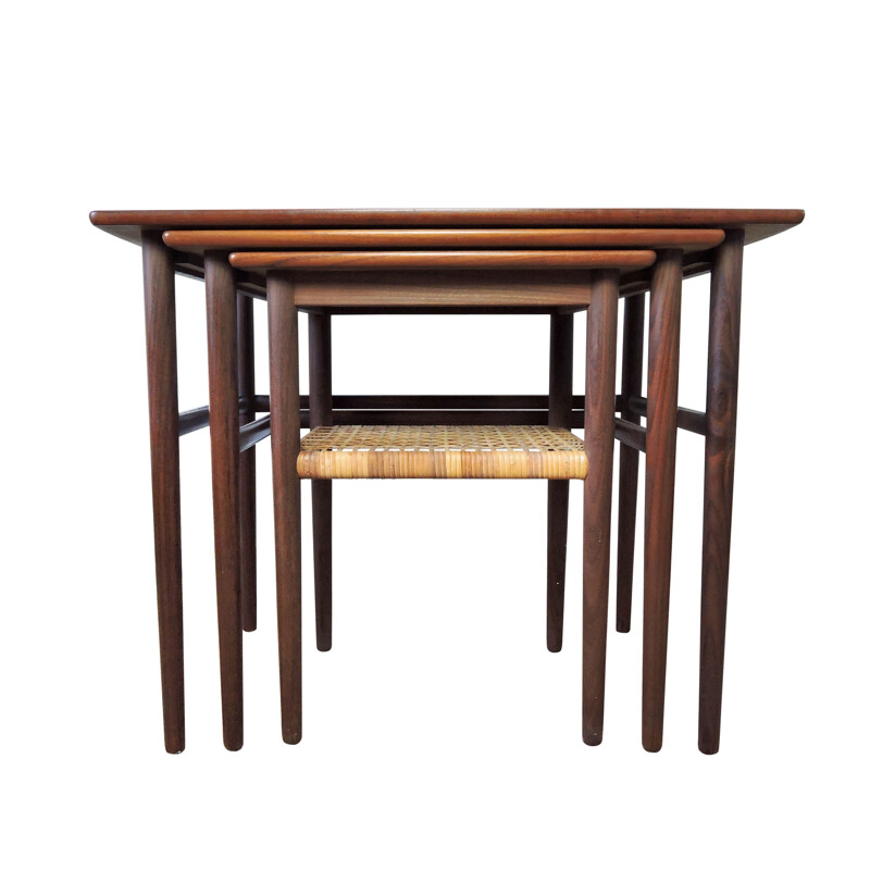 Vintage teak and cane nesting table, Denmark 1950