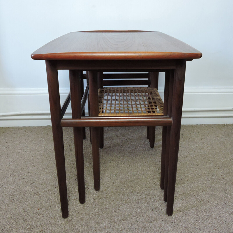 Vintage teak and cane nesting table, Denmark 1950