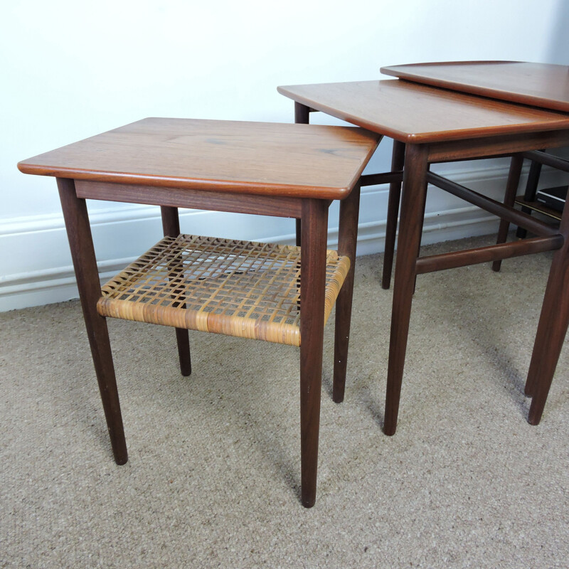 Vintage teak and cane nesting table, Denmark 1950